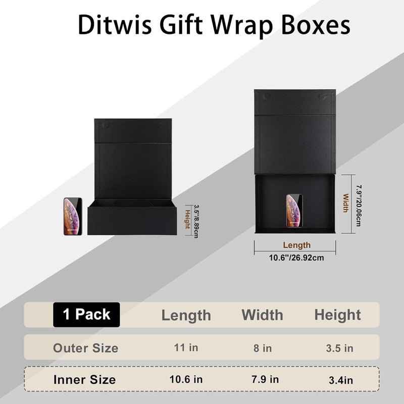 Ditwis 11x8x3.5 Inches Gift Box with Magnetic Closure Lid, Black Magnetic Boxes for Wedding, Groomsmen Bridesmaid Proposal, Birthdays, Mother's Day, 1 Pack - Image 2